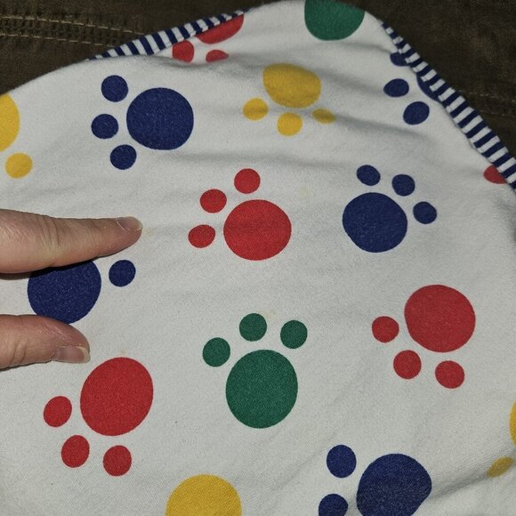VTG GYMBOREE Reversible Baby Blanket Paw Prints Blue White Red Yellow Green READ - Picture 8 of 9